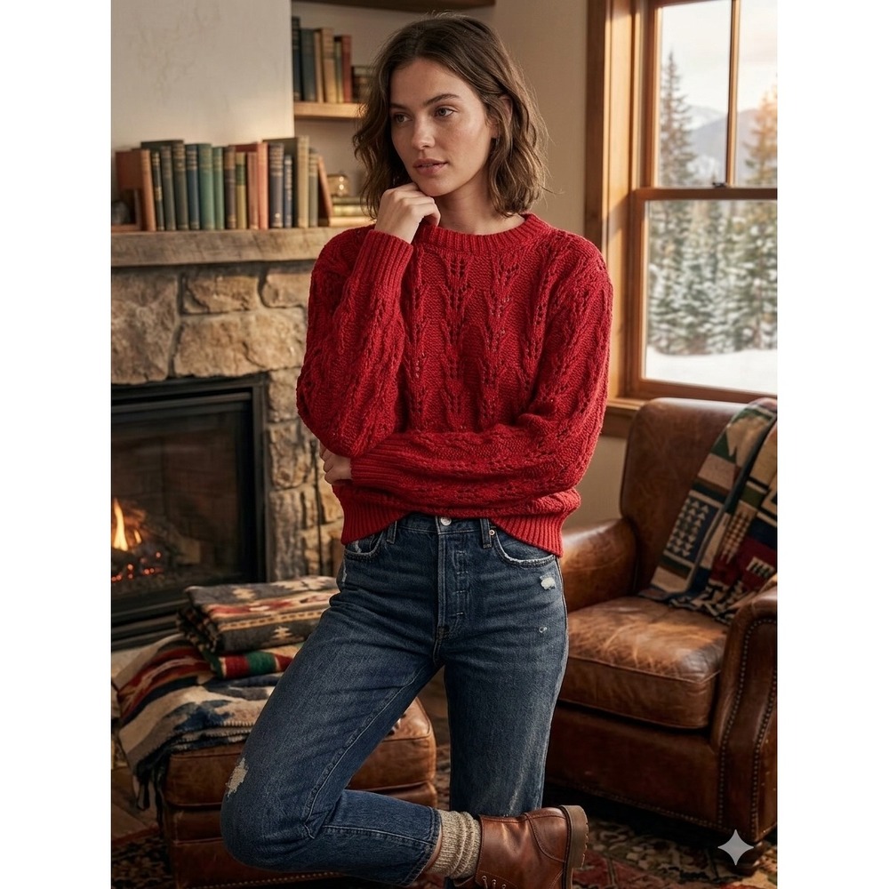 Abercrombie & Fitch Red Pointelle Cable Knit Crewneck Sweater XL Long Sleeve